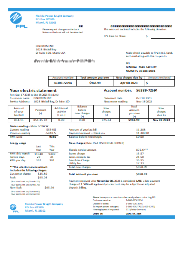 Florida Power & Light Company (FPL) electricity utility business bill SCR PSD template